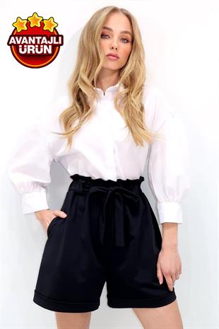 Kadın Siyah Beli Lastikli Kemerli Çift Cep Duble Paça Şort ALC-X13338