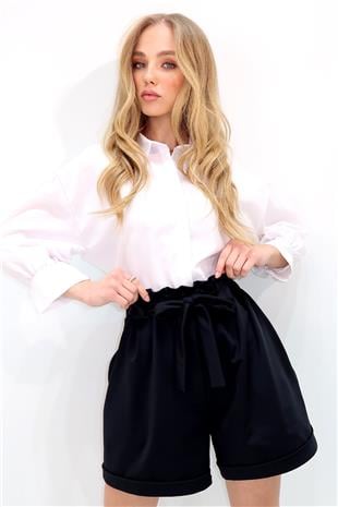 Kadın Siyah Beli Lastikli Kemerli Çift Cep Duble Paça Şort ALC-X13338