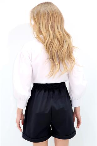 Kadın Siyah Beli Lastikli Kemerli Çift Cep Duble Paça Şort ALC-X13338