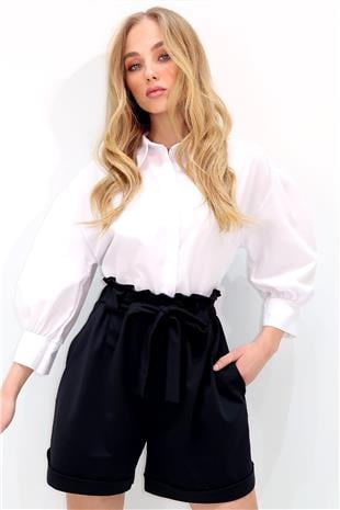 Kadın Siyah Beli Lastikli Kemerli Çift Cep Duble Paça Şort ALC-X13338