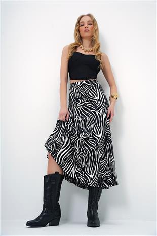 Kadın Ekru Siyah Beli Lastikli Süet Dokulu Desenli Uzun Etek ALC-X13182
