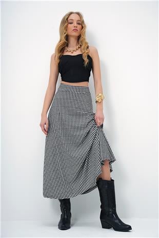 Kadın Siyah Beyaz Beli Lastikli Süet Dokulu Desenli Uzun Etek ALC-X13182