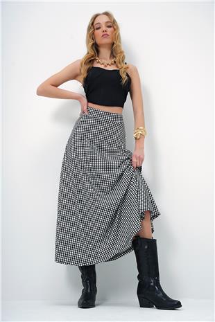 Kadın Siyah Beyaz Beli Lastikli Süet Dokulu Desenli Uzun Etek ALC-X13182