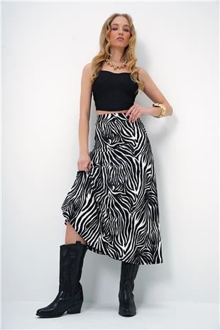 Kadın Ekru Siyah Beli Lastikli Süet Dokulu Desenli Uzun Etek ALC-X13182