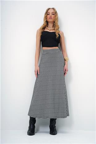 Kadın Siyah Beyaz Beli Lastikli Süet Dokulu Desenli Uzun Etek ALC-X13182