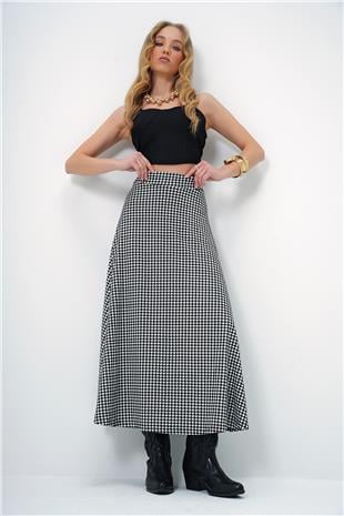 Kadın Siyah Beyaz Beli Lastikli Süet Dokulu Desenli Uzun Etek ALC-X13182