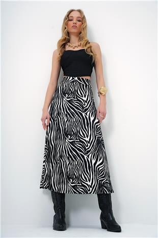 Kadın Ekru Siyah Beli Lastikli Süet Dokulu Desenli Uzun Etek ALC-X13182