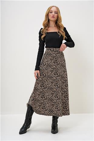 Kadın Leopar Beli Lastikli Süet Dokulu Leopar Desenli Uzun Etek ALC-X13182