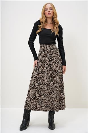 Kadın Leopar Beli Lastikli Süet Dokulu Leopar Desenli Uzun Etek ALC-X13182
