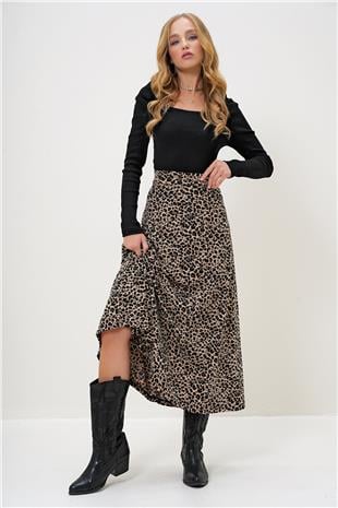 Kadın Leopar Beli Lastikli Süet Dokulu Leopar Desenli Uzun Etek ALC-X13182