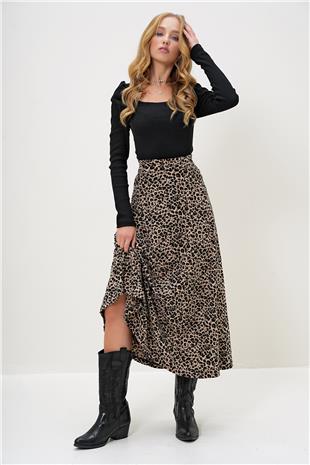 Kadın Leopar Beli Lastikli Süet Dokulu Leopar Desenli Uzun Etek ALC-X13182