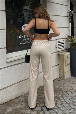 Kadın Bej Beli Lastikli Ve Bağcıklı Suni Deri Palazzo Pantolon VS01395