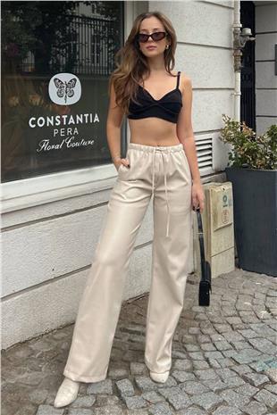 Kadın Bej Beli Lastikli Ve Bağcıklı Suni Deri Palazzo Pantolon VS01395