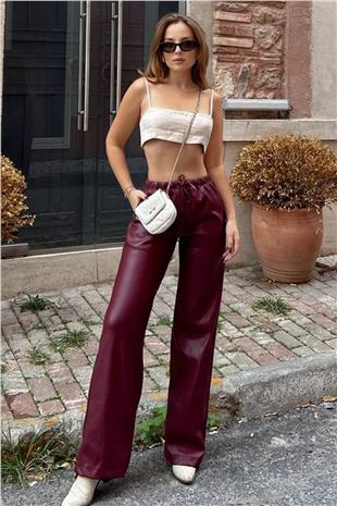 Kadın Bordo Beli Lastikli Ve Bağcıklı Suni Deri Palazzo Pantolon VS01395