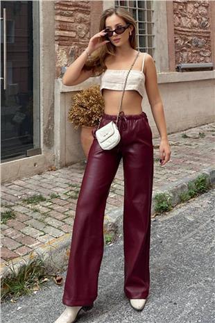 Kadın Bordo Beli Lastikli Ve Bağcıklı Suni Deri Palazzo Pantolon VS01395