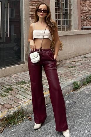 Kadın Bordo Beli Lastikli Ve Bağcıklı Suni Deri Palazzo Pantolon VS01395