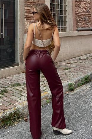 Kadın Bordo Beli Lastikli Ve Bağcıklı Suni Deri Palazzo Pantolon VS01395