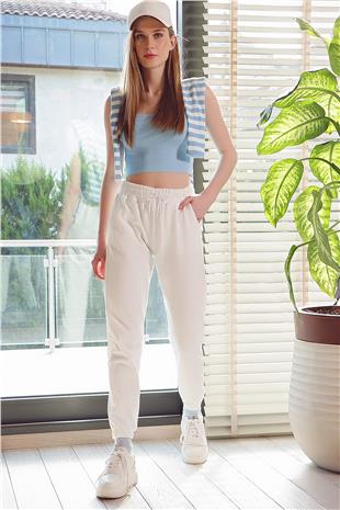 Kadın Beyaz Beli Ve Paçası Lastikli Basic Eşofman Altı ALC-X5902