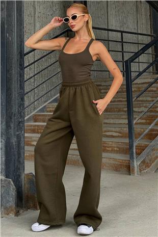 Kadın Haki Beli Ve Paçası Lastikli Çift Cepli 3 İplik Eşofman Altı VS01396