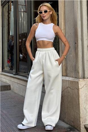 Kadın Beyaz Beli Ve Paçası Lastikli Çift Cepli 3 İplik Eşofman Altı VS01396