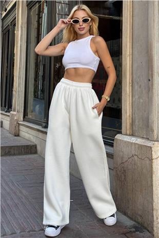 Kadın Beyaz Beli Ve Paçası Lastikli Çift Cepli 3 İplik Eşofman Altı VS01396