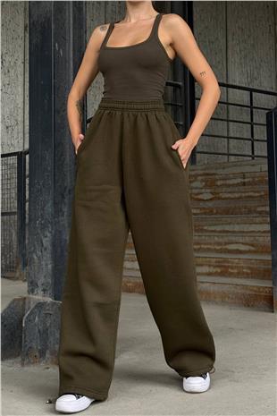 Kadın Haki Beli Ve Paçası Lastikli Çift Cepli 3 İplik Eşofman Altı VS01396