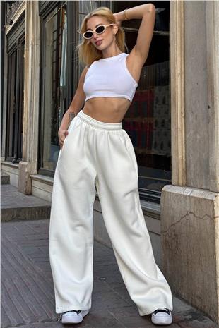 Kadın Beyaz Beli Ve Paçası Lastikli Çift Cepli 3 İplik Eşofman Altı VS01396