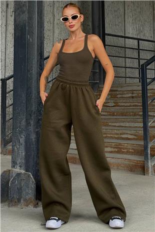 Kadın Haki Beli Ve Paçası Lastikli Çift Cepli 3 İplik Eşofman Altı VS01396