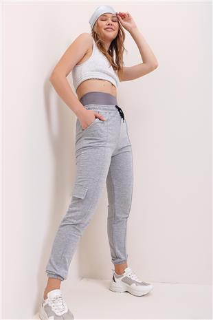 Kadın Grimelanj Beli Ve Paçası Lastikli Önü Dikiş Detaylı İki İplik Kargo Cep Eşofman Altı ALC-X6909