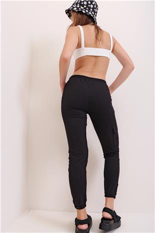 Kadın Siyah Beli Ve Paçası Lastikli Önü Dikiş Detaylı İki İplik Kargo Cep Eşofman Altı ALC-X6909