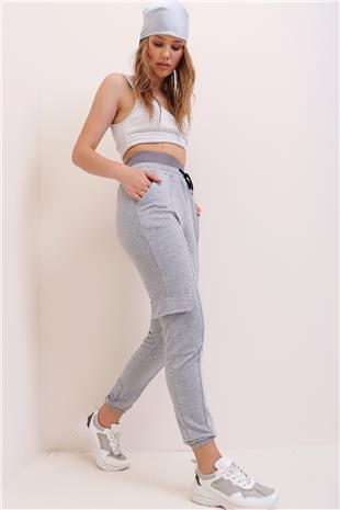 Kadın Grimelanj Beli Ve Paçası Lastikli Önü Dikiş Detaylı İki İplik Kargo Cep Eşofman Altı ALC-X6909