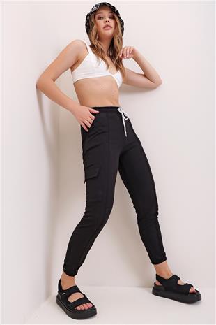 Kadın Siyah Beli Ve Paçası Lastikli Önü Dikiş Detaylı İki İplik Kargo Cep Eşofman Altı ALC-X6909