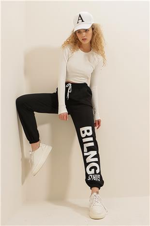 Kadın Siyah Beli Ve Paçası Lastikli Yazı Baskılı İki İplik Eşofman Altı ALC-X7914