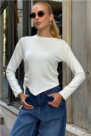 Kadın Beyaz Bisikklet Yaka Yanları Büzgülü Basic Bluz VS00731