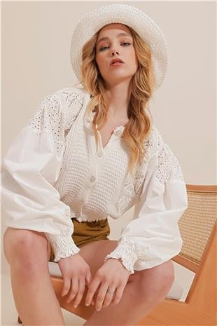 Kadın Vanilya Bisiklet Yaka Ajrulu Kolları Fistolu Crop Triko Hırka ALC-X10077