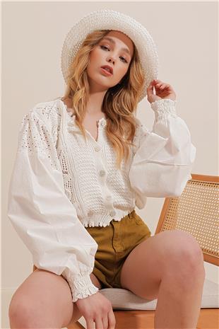 Kadın Vanilya Bisiklet Yaka Ajrulu Kolları Fistolu Crop Triko Hırka ALC-X10077