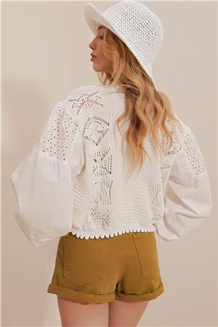 Kadın Vanilya Bisiklet Yaka Ajrulu Kolları Fistolu Crop Triko Hırka ALC-X10077