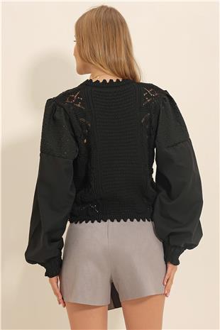 Kadın Siyah Bisiklet Yaka Ajurlu Kolları Fistolu Crop Triko Hırka ALC-X10077