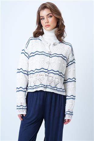 Kadın Ekru Bisiklet Yaka Ajurlu Triko Hırka VS01191