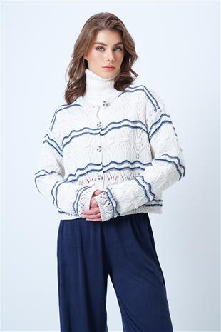 Kadın Ekru Bisiklet Yaka Ajurlu Triko Hırka VS01191