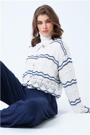 Kadın Ekru Bisiklet Yaka Ajurlu Triko Hırka VS01191