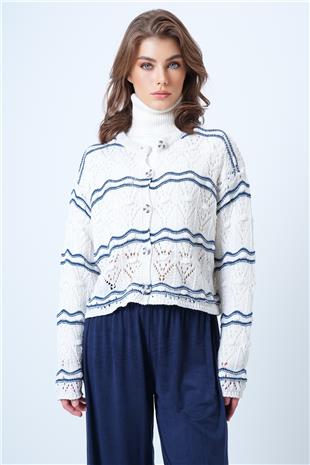 Kadın Ekru Bisiklet Yaka Ajurlu Triko Hırka VS01191