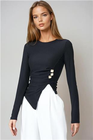 Kadın Siyah Bisiklet Yaka Asimetrik Kesim Aksesuar Detaylı Fitilli Bluz VS00999