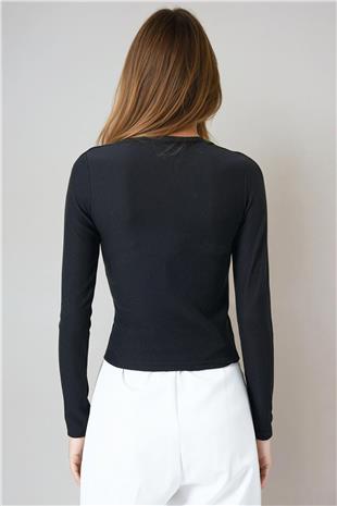 Kadın Siyah Bisiklet Yaka Asimetrik Kesim Aksesuar Detaylı Fitilli Bluz VS00999