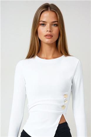Kadın Beyaz Bisiklet Yaka Asimetrik Kesim Aksesuar Detaylı Fitilli Bluz VS00999