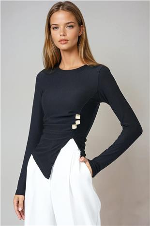 Kadın Siyah Bisiklet Yaka Asimetrik Kesim Aksesuar Detaylı Fitilli Bluz VS00999