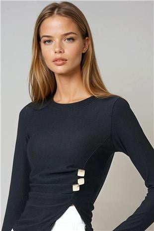 Kadın Siyah Bisiklet Yaka Asimetrik Kesim Aksesuar Detaylı Fitilli Bluz VS00999