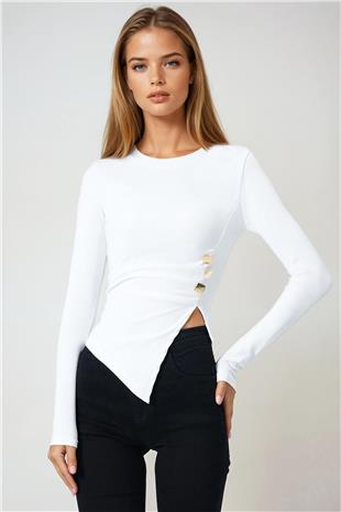 Kadın Beyaz Bisiklet Yaka Asimetrik Kesim Aksesuar Detaylı Fitilli Bluz VS00999