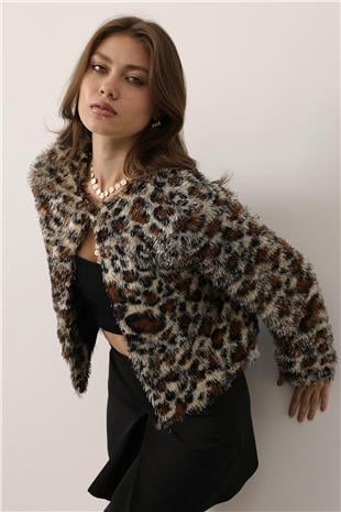 Kadın Leopar Bisiklet Yaka Astarlı Sakal Ip Ceket VS01251