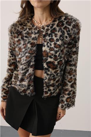 Kadın Leopar Bisiklet Yaka Astarlı Sakal Ip Ceket VS01251